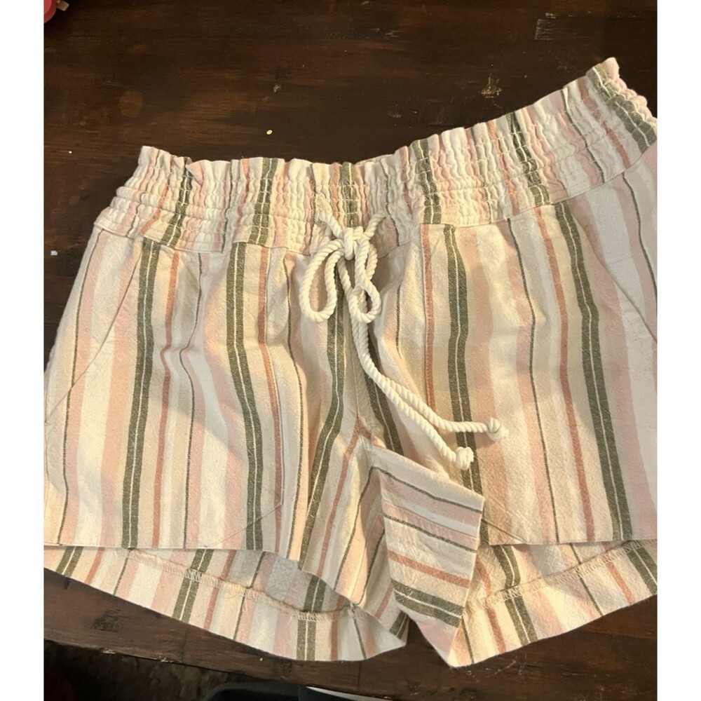 new Roxy Women's Oceanside Beach Shorts Size Medium stripe pink 85% cotton linen
